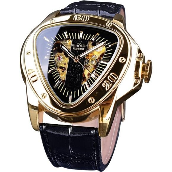 NEW Black/Gold Leather Mechanical Watch for Men